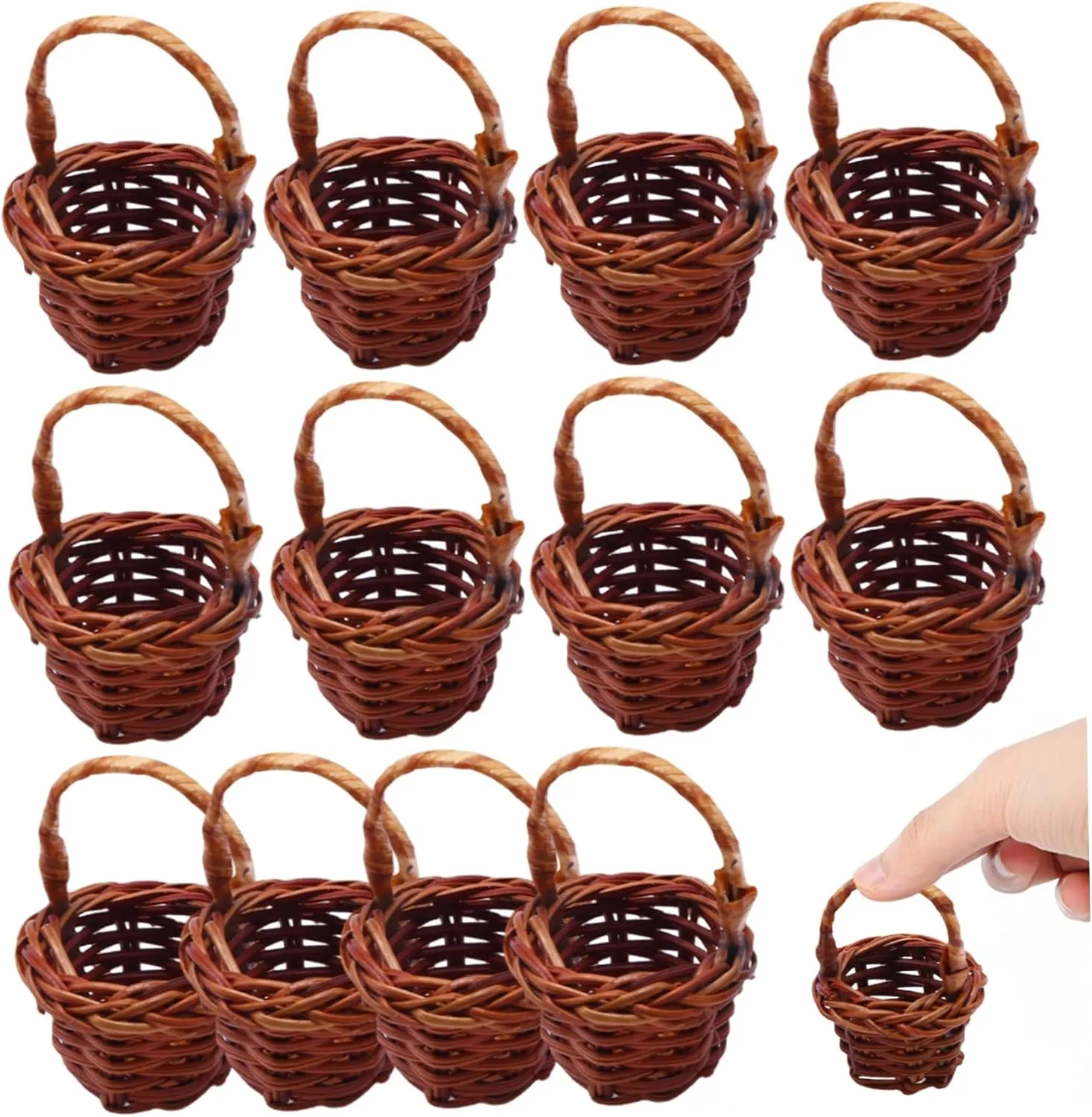 12Pcs Mini Basket with Handle DIY Simulation Rattan Mini Woven Basket Decorative Dollhouse Miniature Buckets for Picnic Candy Easter Egg Dollhouse Accessories # &&
