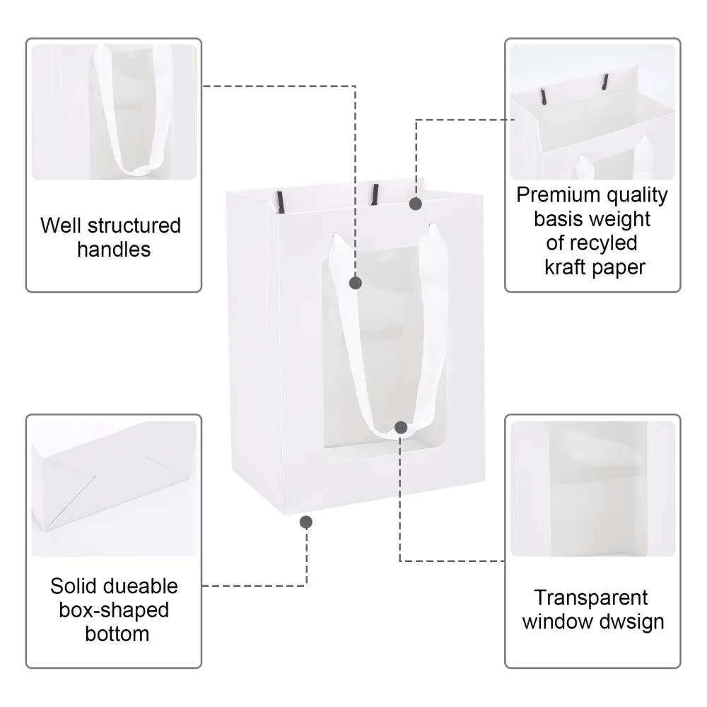 15 pc Flower Bouquet Paper Gift Bags, Portable Kraft Paper Tote Shopping Bag, with PVC Transparent Window and Handles, Party Gift Wrapping Bags, Rectangle, White, 15x10x20cm