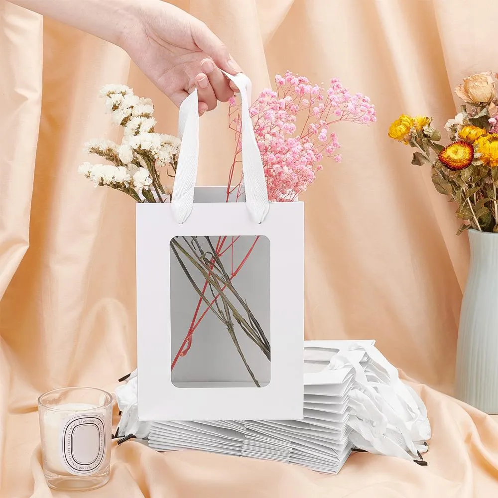 15 pc Flower Bouquet Paper Gift Bags, Portable Kraft Paper Tote Shopping Bag, with PVC Transparent Window and Handles, Party Gift Wrapping Bags, Rectangle, White, 15x10x20cm