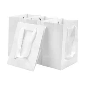 15 pc Flower Bouquet Paper Gift Bags, Portable Kraft Paper Tote Shopping Bag, with PVC Transparent Window and Handles, Party Gift Wrapping Bags, Rectangle, White, 15x10x20cm