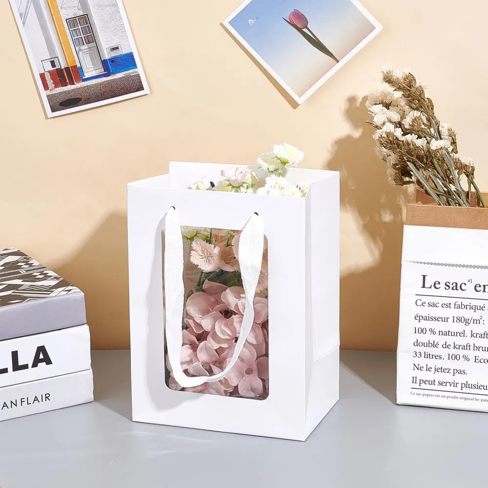 15 pc Flower Bouquet Paper Gift Bags, Portable Kraft Paper Tote Shopping Bag, with PVC Transparent Window and Handles, Party Gift Wrapping Bags, Rectangle, White, 15x10x20cm