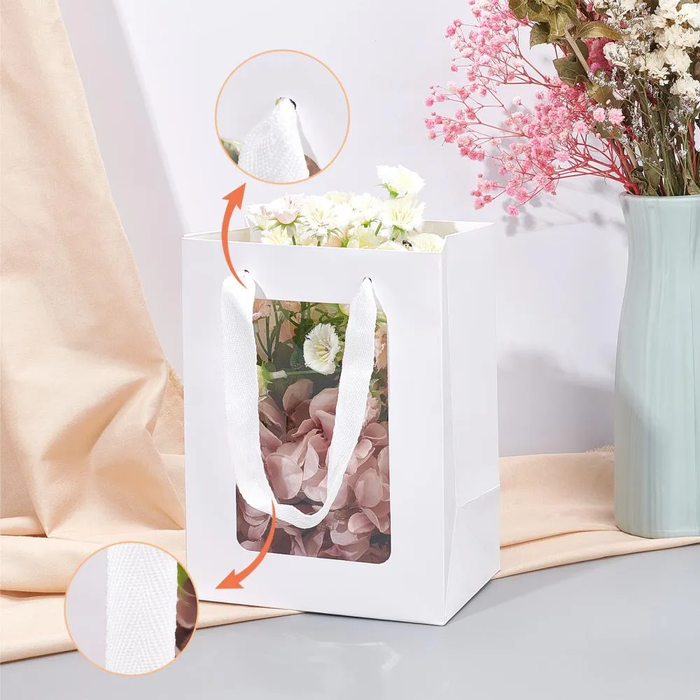 15 pc Flower Bouquet Paper Gift Bags, Portable Kraft Paper Tote Shopping Bag, with PVC Transparent Window and Handles, Party Gift Wrapping Bags, Rectangle, White, 15x10x20cm