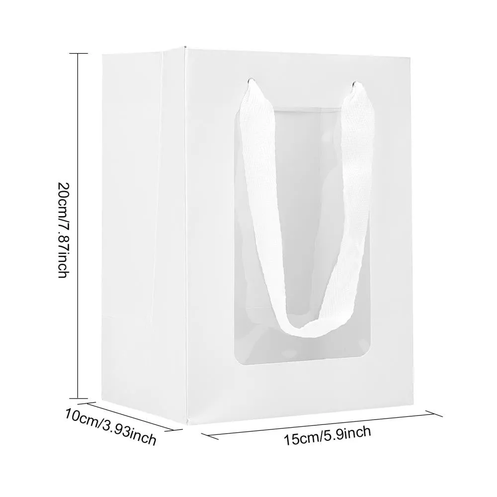 15 pc Flower Bouquet Paper Gift Bags, Portable Kraft Paper Tote Shopping Bag, with PVC Transparent Window and Handles, Party Gift Wrapping Bags, Rectangle, White, 15x10x20cm