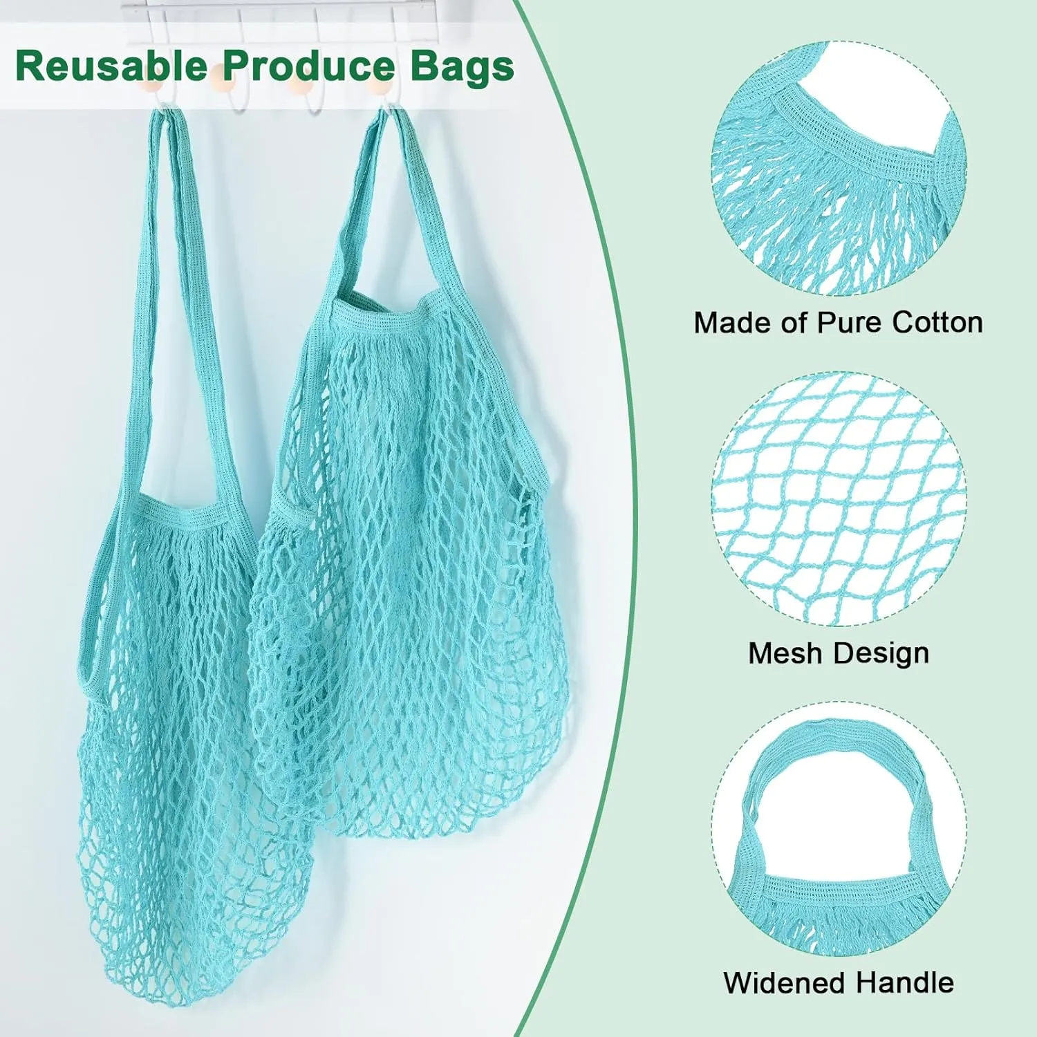 2-Pack Cotton Mesh Bag, Reusable Washable Mesh Net String Grocery Bags, Reusable Produce Bags with Handle, Net Tote Bag for Fruits Shopping [Blue-Green, Long&Short Handle]