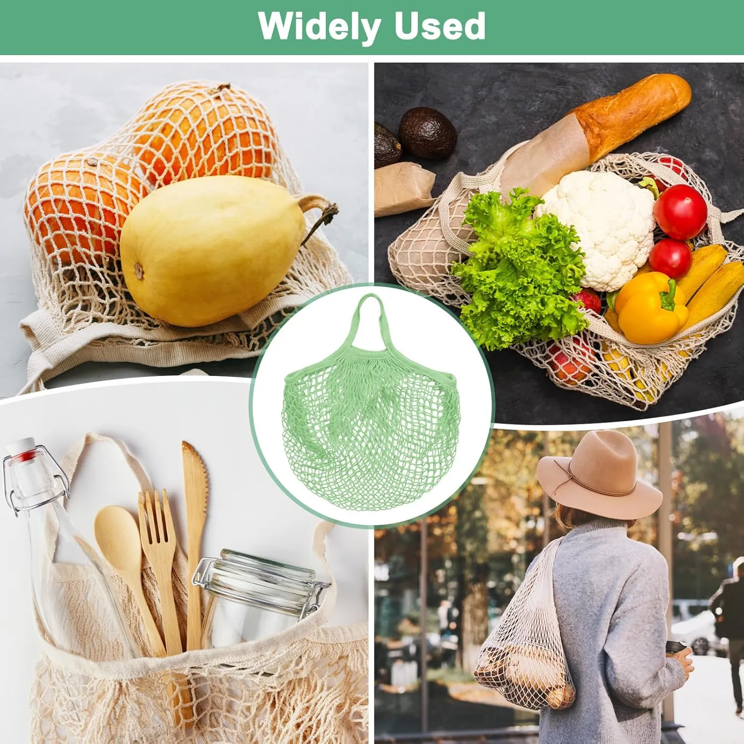 2-Pack Cotton Mesh Bag, Reusable Washable Mesh Net String Grocery Bags, Reusable Produce Bags with Handle, Net Tote Bag for Fruits/Vegetables Shopping [Avocado, Long&Short Handle]