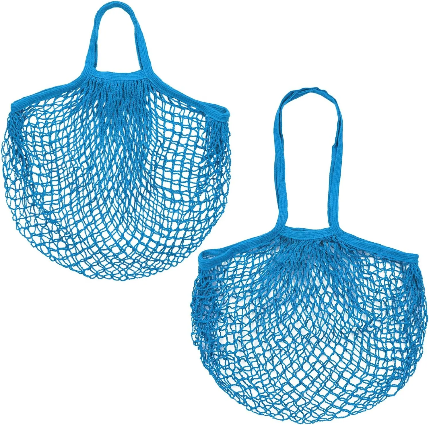 2-Pack Cotton Mesh Bag, Reusable Washable Mesh Net String Grocery Bags, Reusable Produce Bags with Handle, Net Tote Bag for Fruits/Vegetables Shopping [Blue, Long&Short Handle]