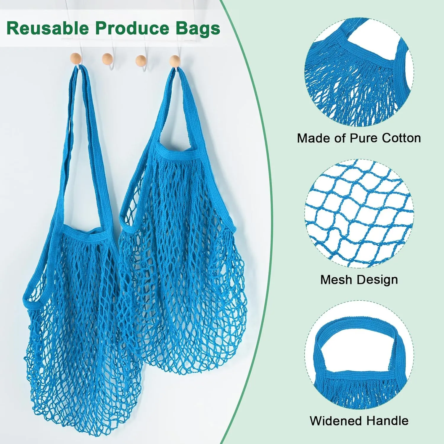 2-Pack Cotton Mesh Bag, Reusable Washable Mesh Net String Grocery Bags, Reusable Produce Bags with Handle, Net Tote Bag for Fruits/Vegetables Shopping [Blue, Long&Short Handle]