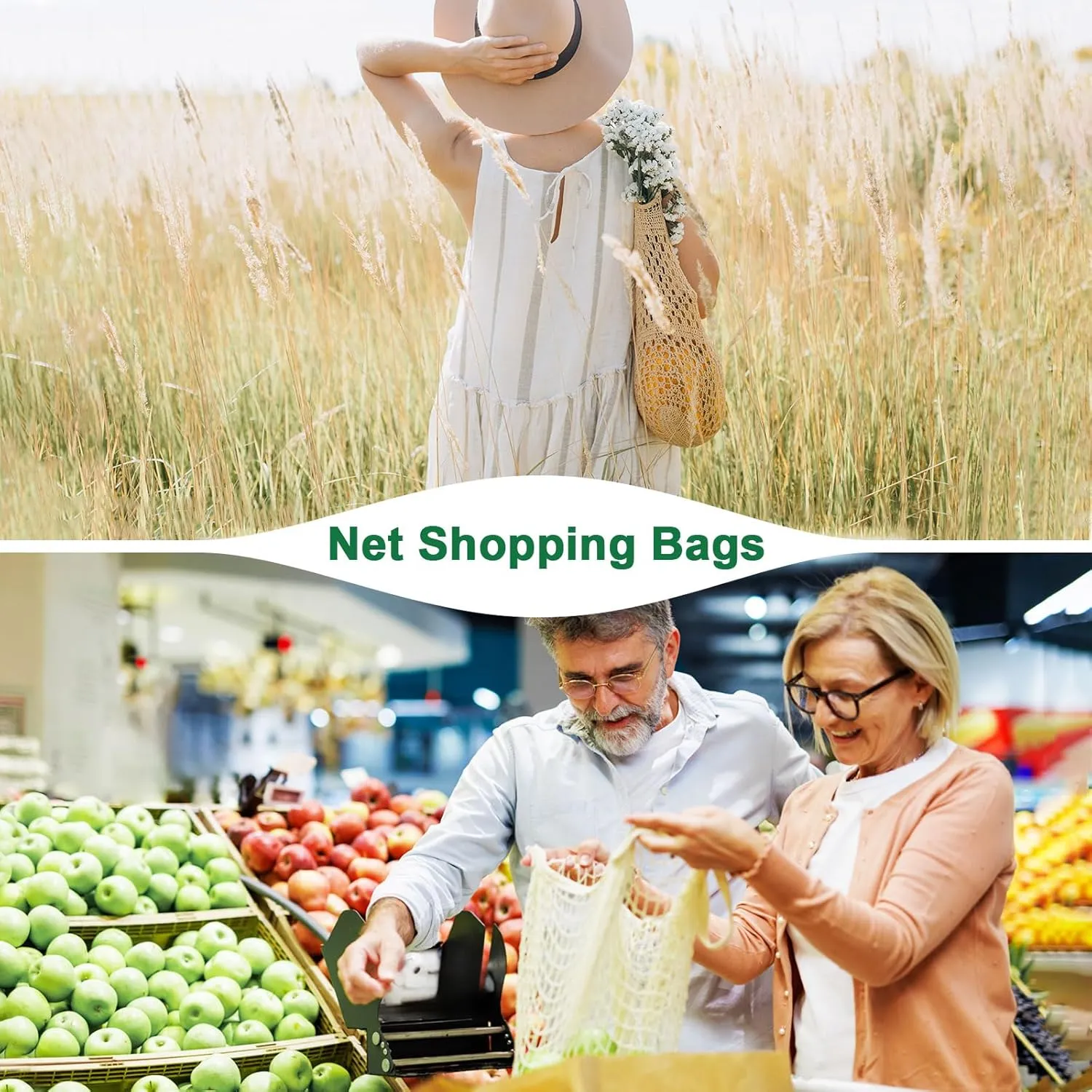 2-Pack Cotton Mesh Bag, Reusable Washable Mesh Net String Grocery Bags, Reusable Produce Bags with Handle, Net Tote Bag for Fruits/Vegetables Shopping [Blue, Long&Short Handle]