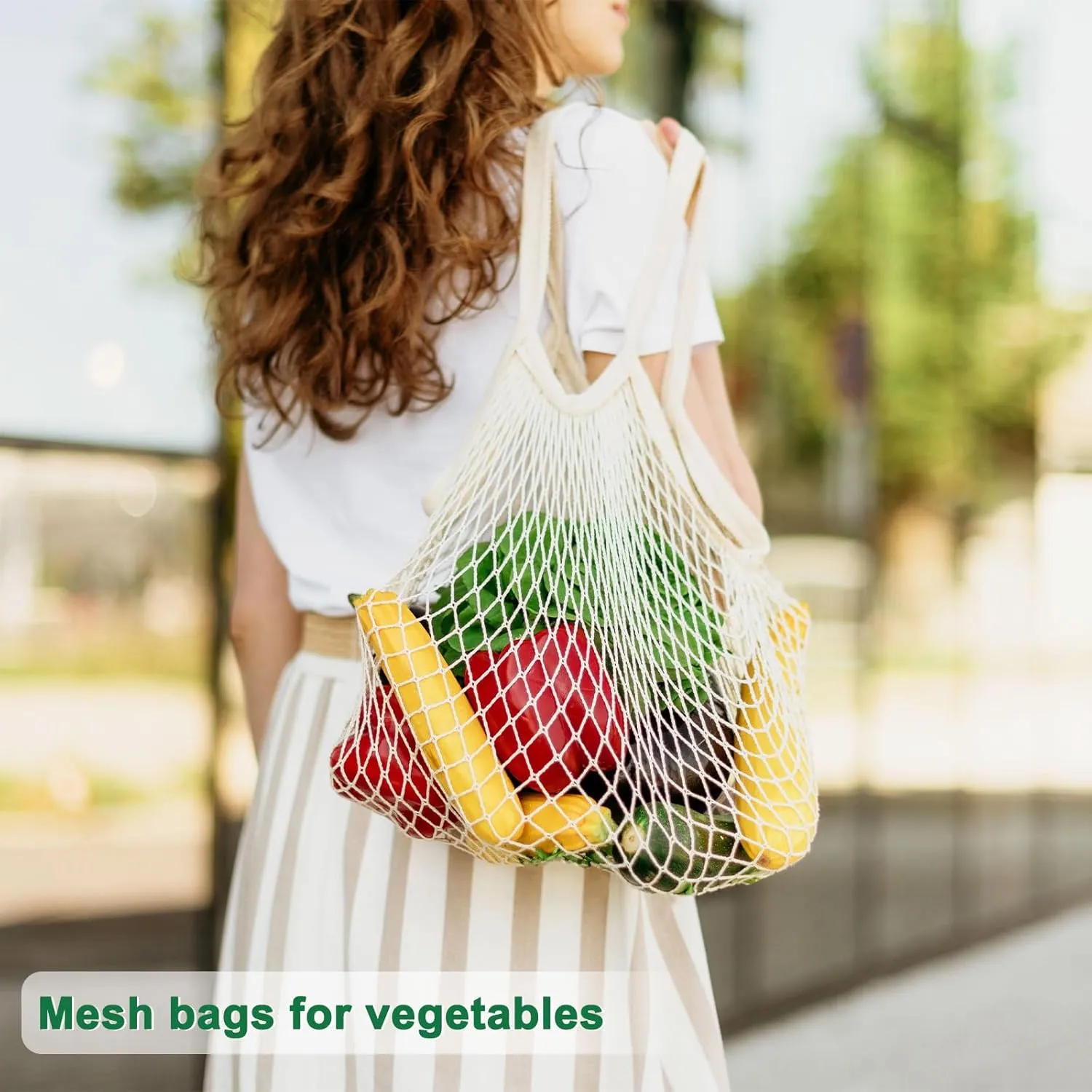 2-Pack Cotton Mesh Bag, Reusable Washable Mesh Net String Grocery Bags, Reusable Produce Bags with Handle, Net Tote Bag for Fruits/Vegetables Shopping [Blue, Long&Short Handle]