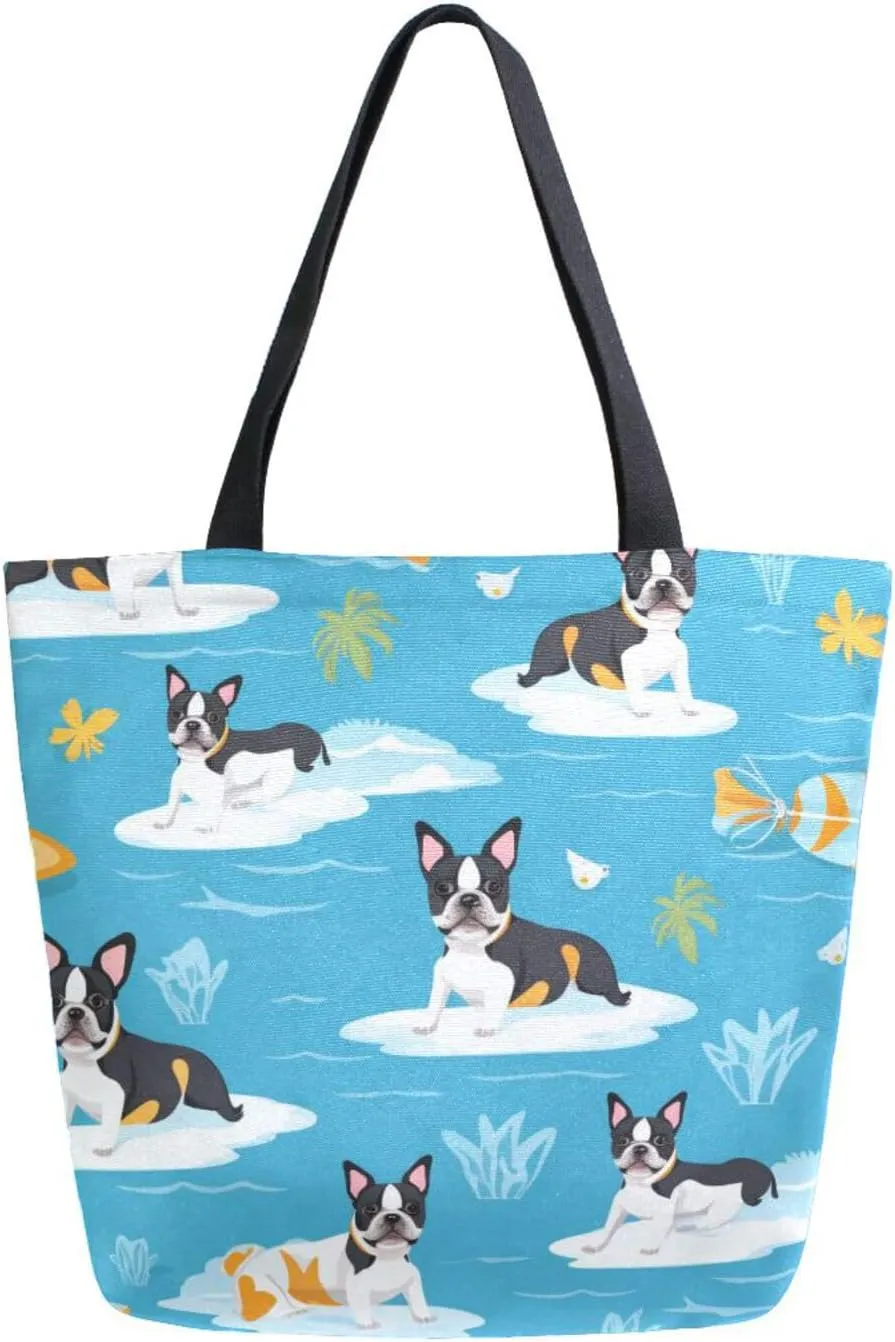 ALAZA Boston Terrier in Surfboard Canvas Tote Bag for Women Travel Work Shopping Grocery Top Handle Purses Large Totes Reusable Handbags Cotton Shoulder Bags