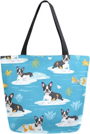ALAZA Boston Terrier in Surfboard Canvas Tote Bag for Women Travel Work Shopping Grocery Top Handle Purses Large Totes Reusable Handbags Cotton Shoulder Bags