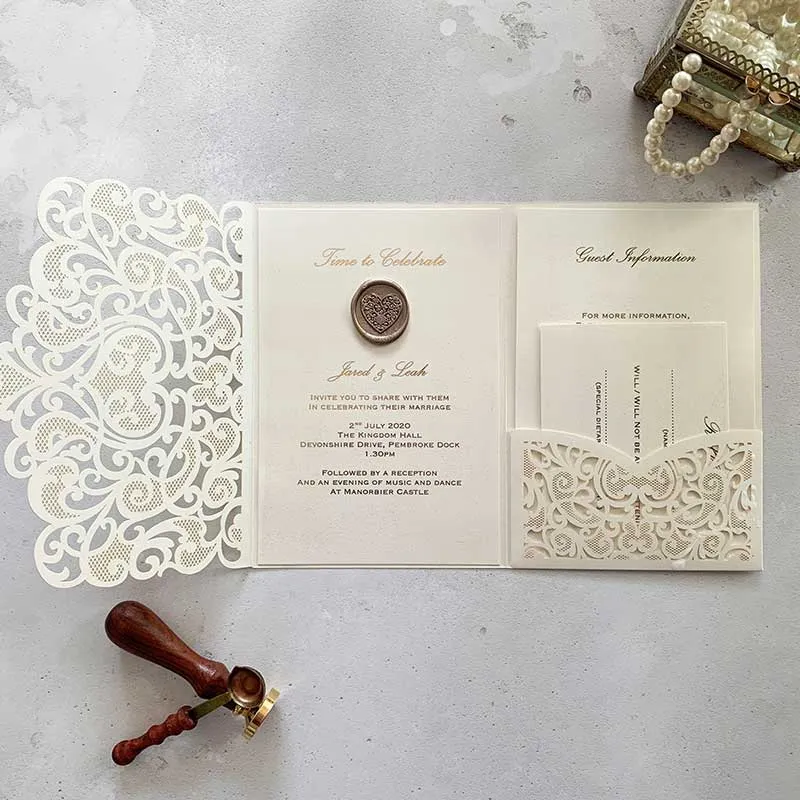 Amelie Laser Cut Pocket Invitation in Ivory