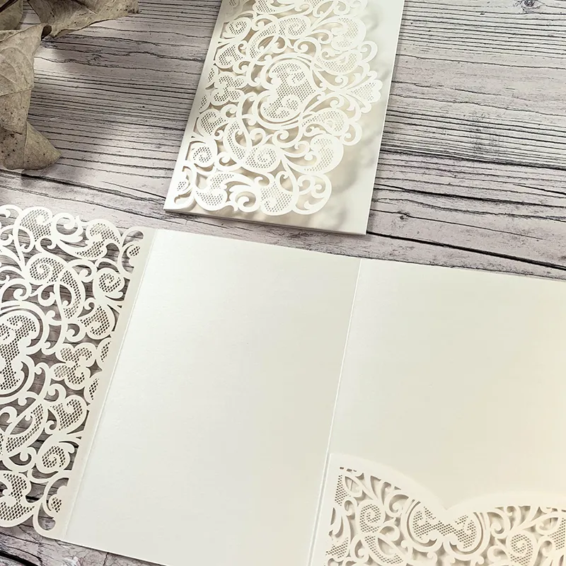 Amelie Laser Cut Pocket Invitation in Ivory