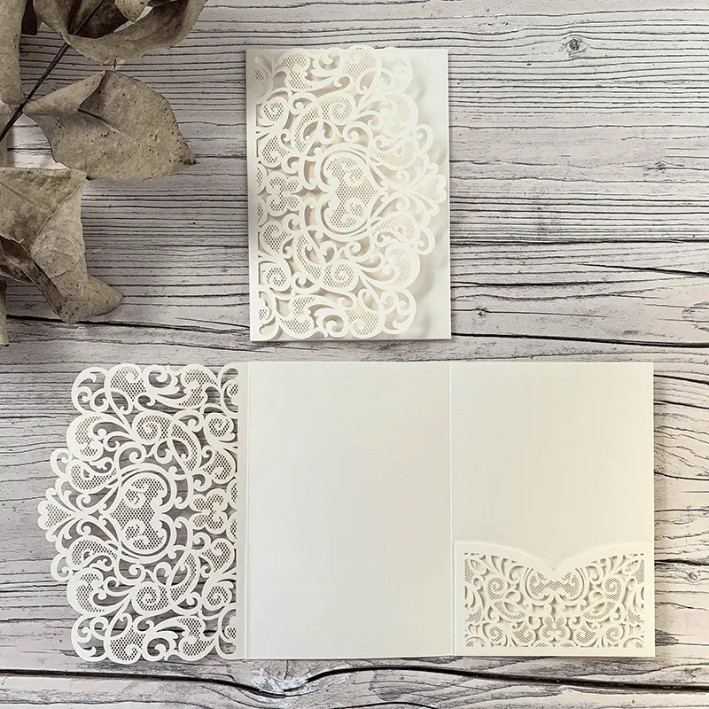 Amelie Laser Cut Pocket Invitation in Ivory