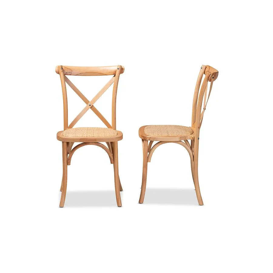 Baxton Studio Tartan Mid-Century Modern Brown Woven Rattan and Wood 2-Piece Dining Chair Set