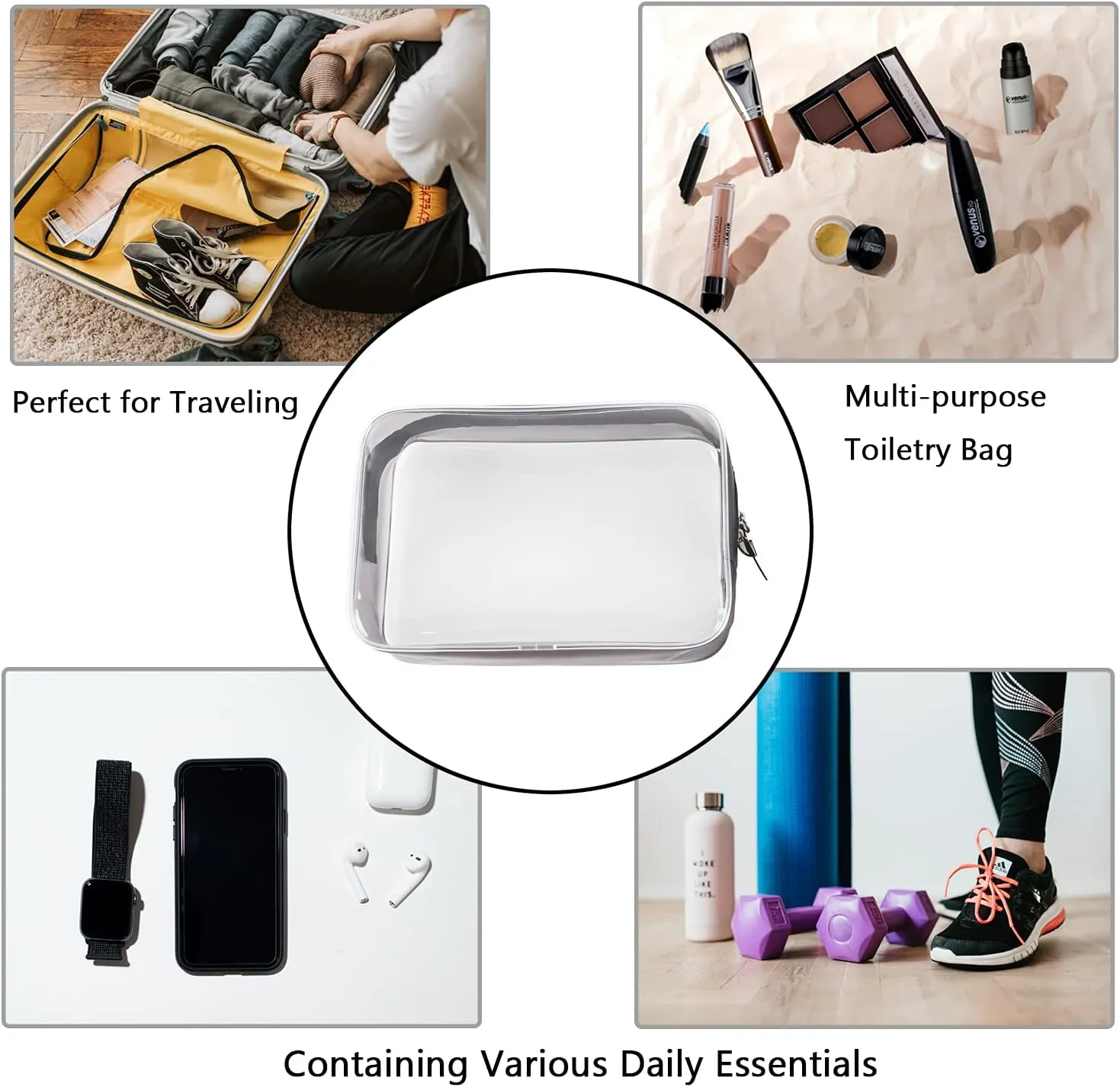 Buminee Lightweight Toiletry Bags, Black 1 Pack. Transparent Multipurpose TSA Cosmetic Bags with Clear Pouches for Traveling
