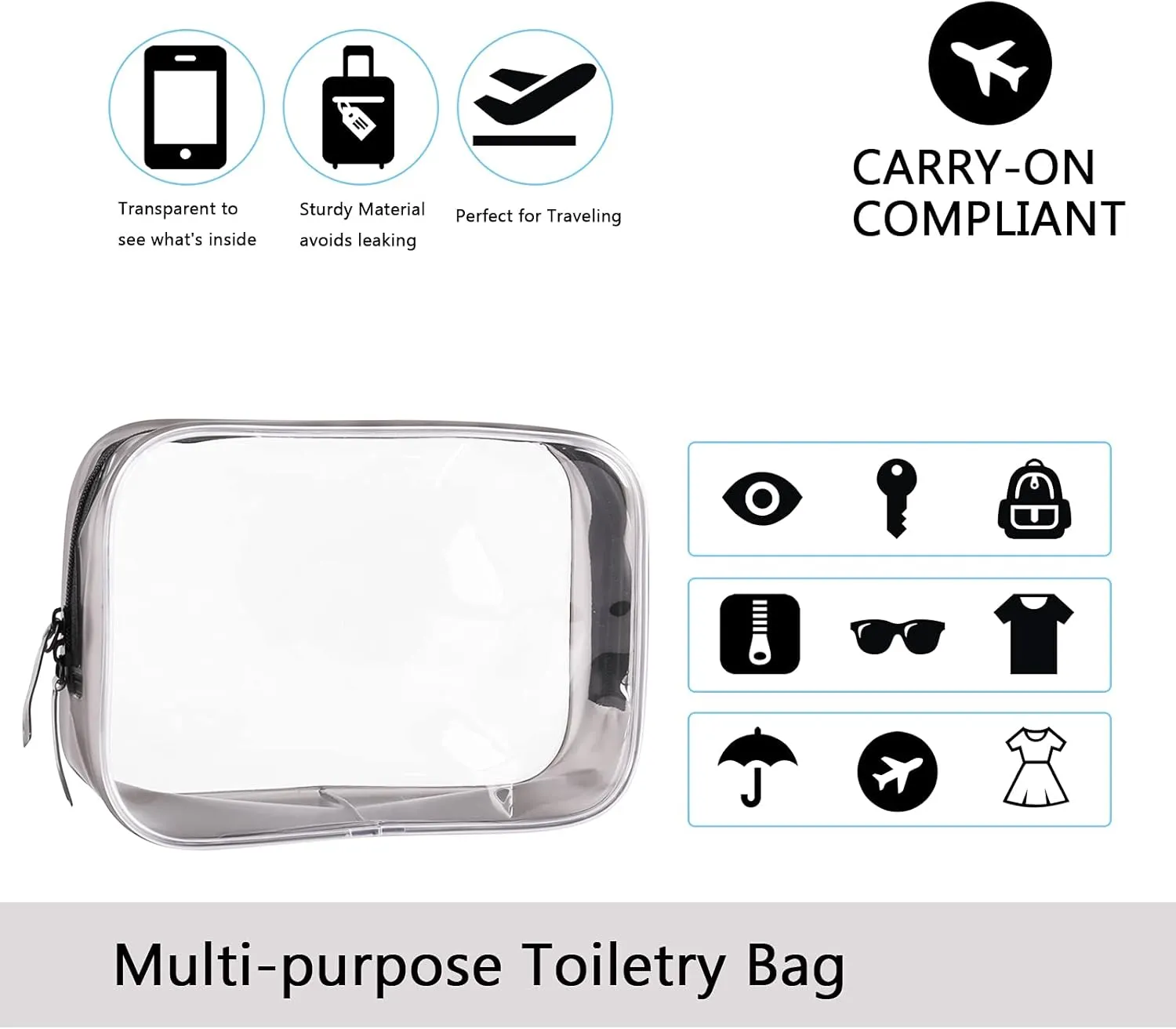 Buminee Lightweight Toiletry Bags, Black 1 Pack. Transparent Multipurpose TSA Cosmetic Bags with Clear Pouches for Traveling