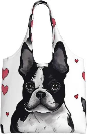 Canvas Aesthetic Tote Bag for Women Handbag Boston Terrier Dog Reusable Grocery Bags with Handles