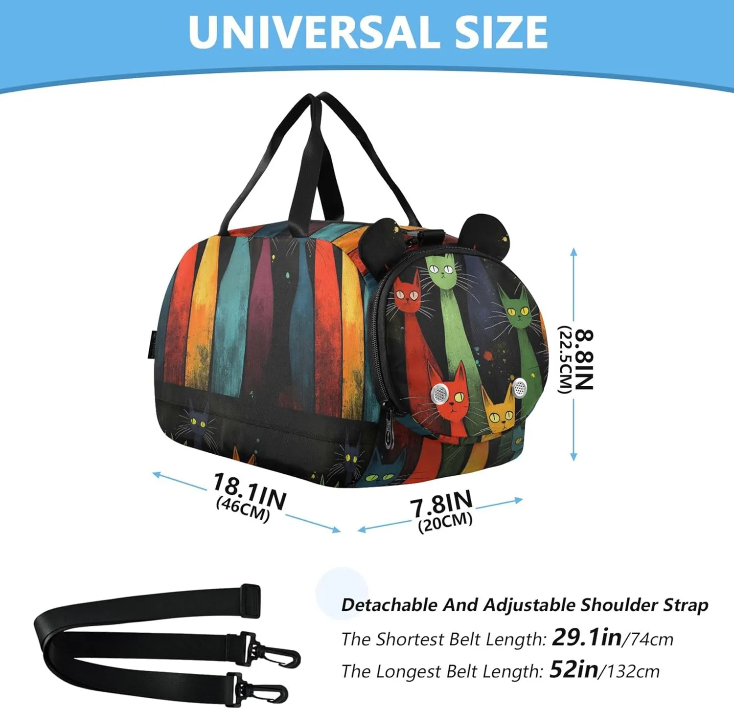 Colorful Cats Black Carry on Duffel Bag Boy Overnight Bags Toddler Girls Duffle Bags Travel Tote Kids Dance Duffle