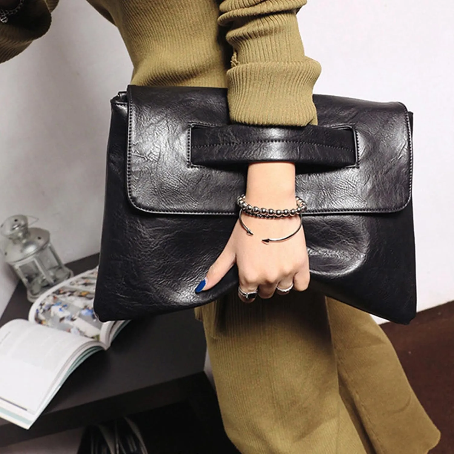 Crocodile Pattern Clutch Purse Oversized PU Leather Envelope Clutch Evening Handbag