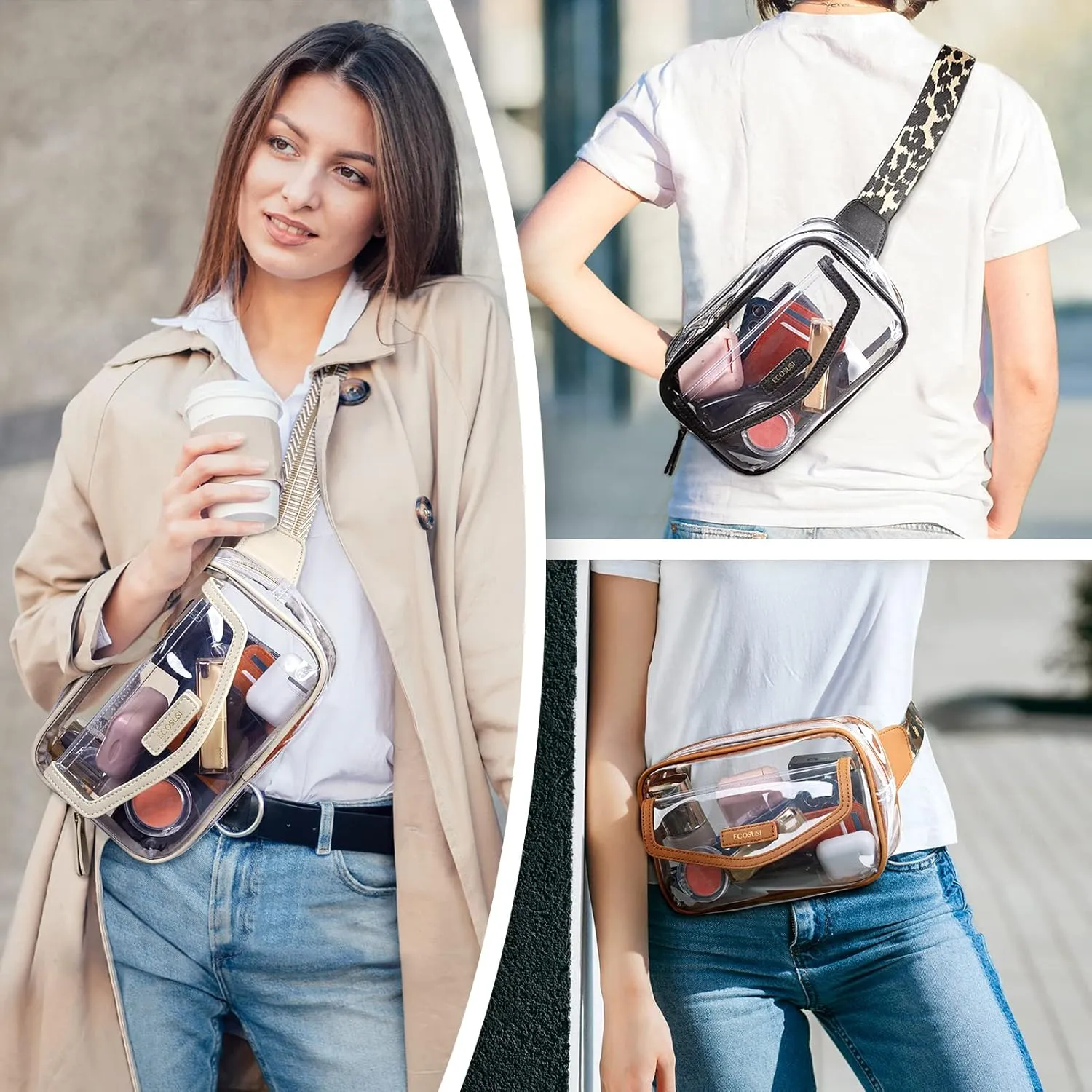 ECOSUSI Clear Fanny Pack for Women, Stadium Approved Transparent Concert Purse with Adjustable Guitar Strap, Small PVC Belt Bag