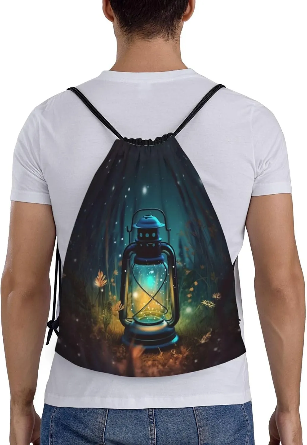 Fireflies and Lantern Drawstring Backpack Draw String Bag Waterproof Sports Bag Gym Cinch Bags for Women Men