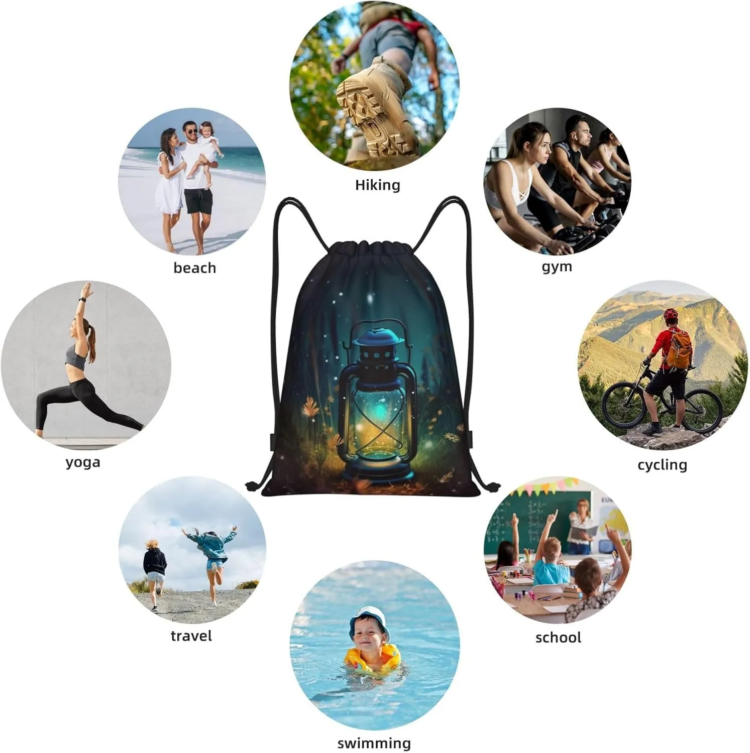 Fireflies and Lantern Drawstring Backpack Draw String Bag Waterproof Sports Bag Gym Cinch Bags for Women Men