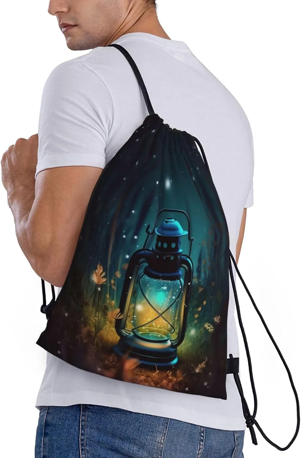 Fireflies and Lantern Drawstring Backpack Draw String Bag Waterproof Sports Bag Gym Cinch Bags for Women Men