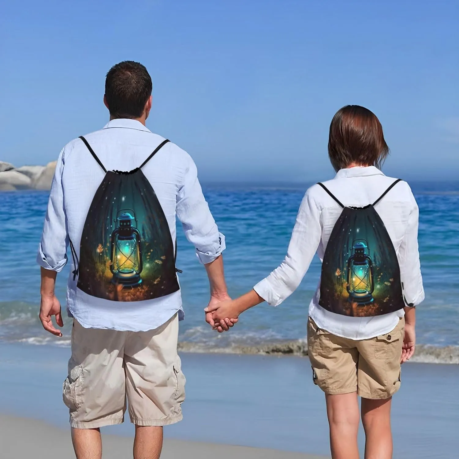 Fireflies and Lantern Drawstring Backpack Draw String Bag Waterproof Sports Bag Gym Cinch Bags for Women Men