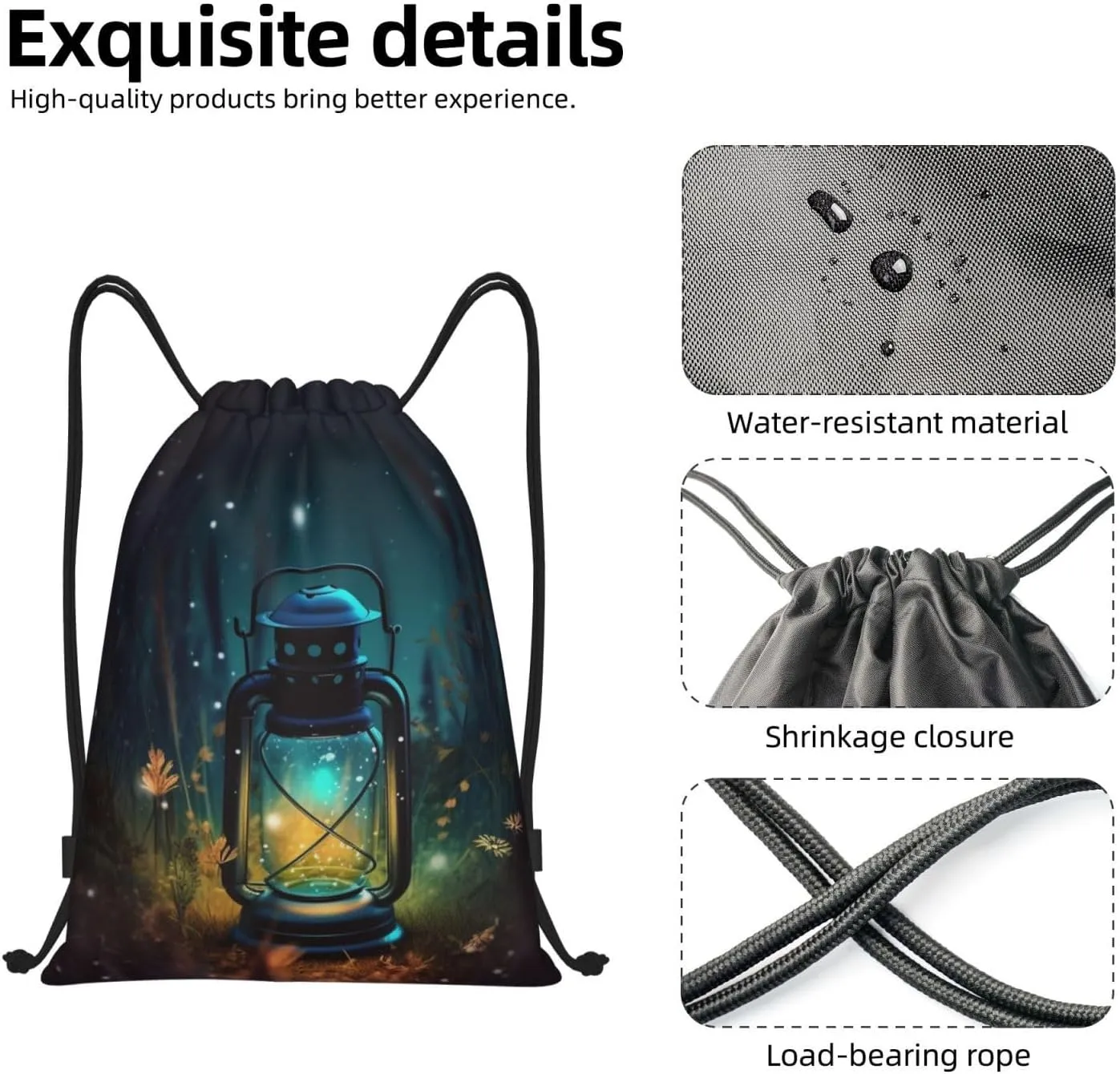Fireflies and Lantern Drawstring Backpack Draw String Bag Waterproof Sports Bag Gym Cinch Bags for Women Men