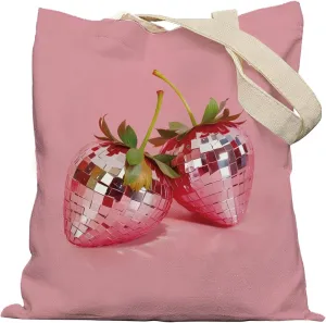 Funky Red Strawberry Tote Bag, Trendy Retro Y2K Disco Ball Strawberry Tote Bags, Pink Aesthetic Tote Bags Preppy Gifts for Women, Reusable Grocery Bags Framed