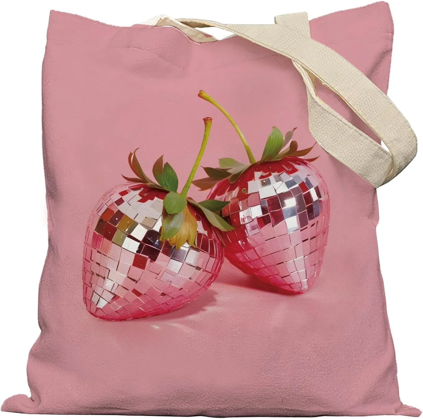 Funky Red Strawberry Tote Bag, Trendy Retro Y2K Disco Ball Strawberry Tote Bags, Pink Aesthetic Tote Bags Preppy Gifts for Women, Reusable Grocery Bags Framed
