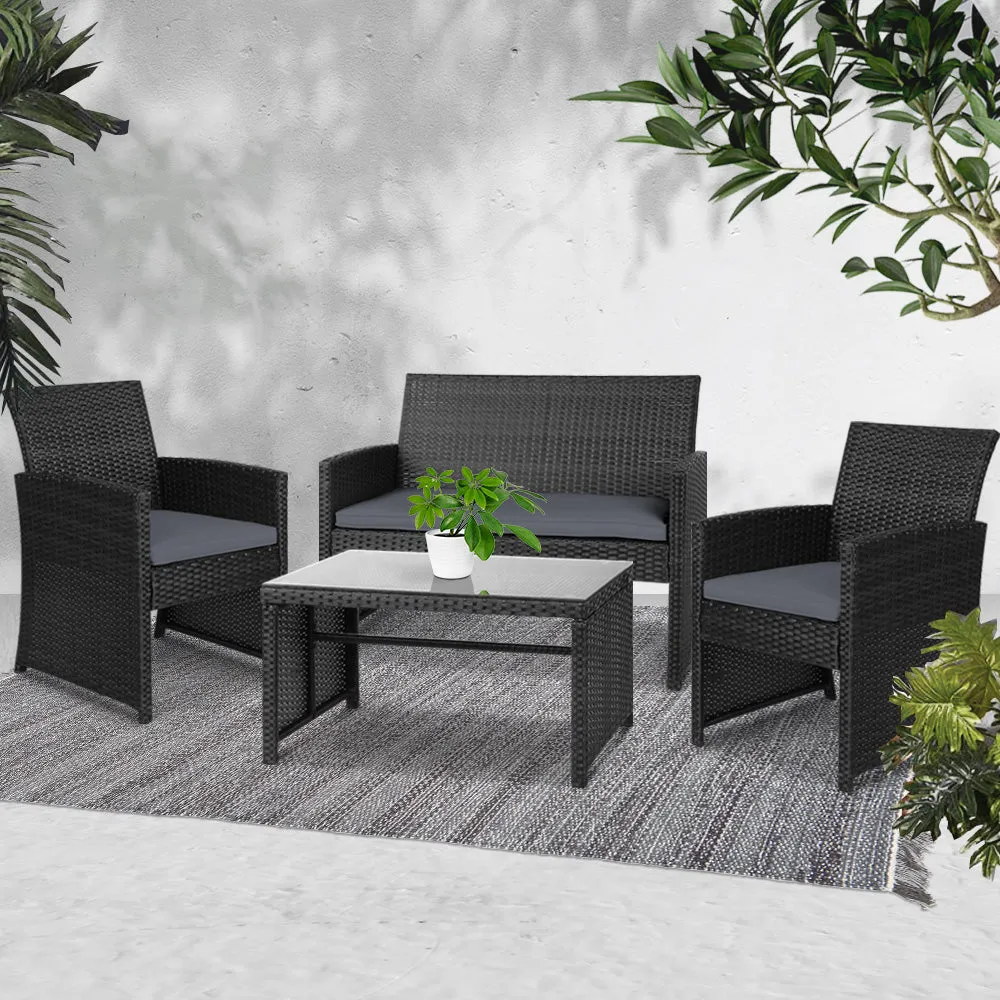 Gardeon 4 PCS Outdoor Sofa Set Rattan Chair Table Setting Garden Furniture Black