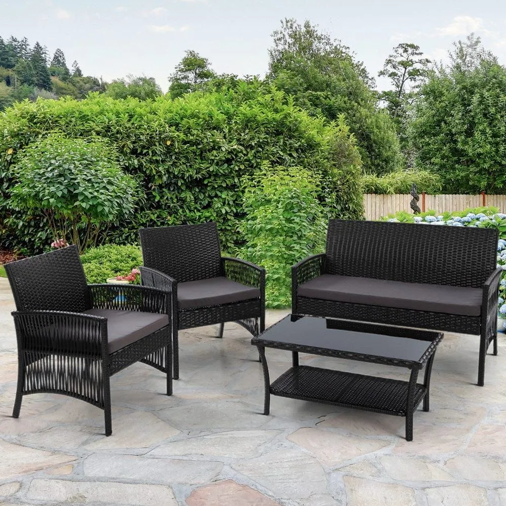 Gardeon Four Piece Outdoor Furniture Lounge Setting Wicker Dining Set Black
