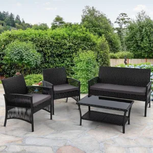 Gardeon Four Piece Outdoor Furniture Lounge Setting Wicker Dining Set Black