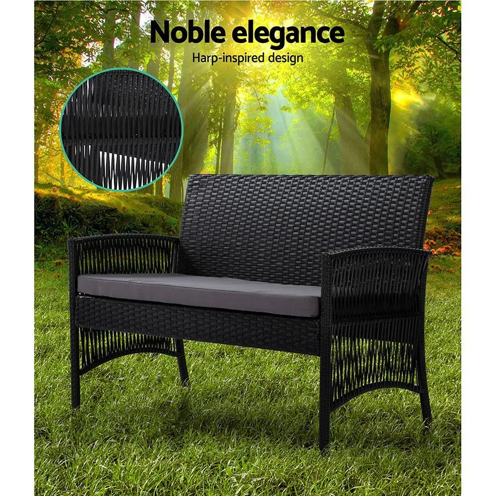 Gardeon Four Piece Outdoor Furniture Lounge Setting Wicker Dining Set Black