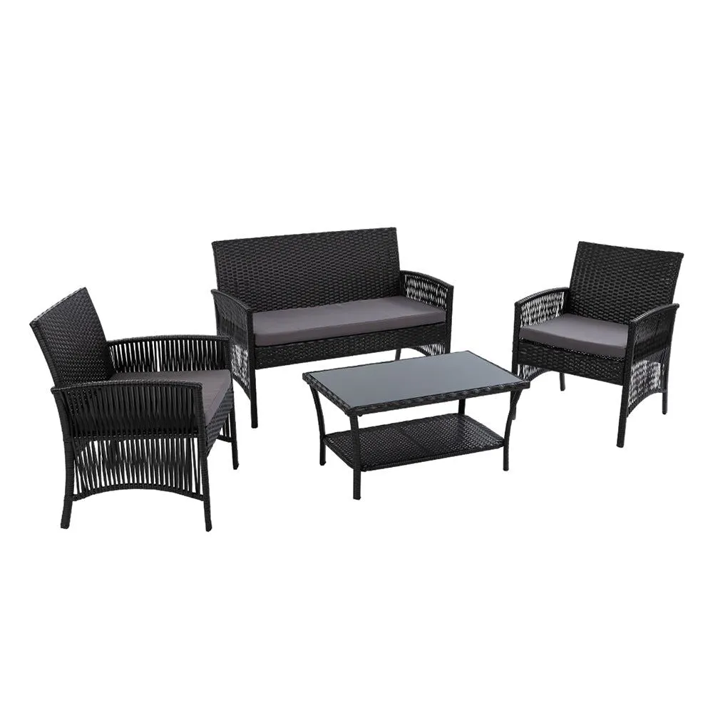 Gardeon Four Piece Outdoor Furniture Lounge Setting Wicker Dining Set Black