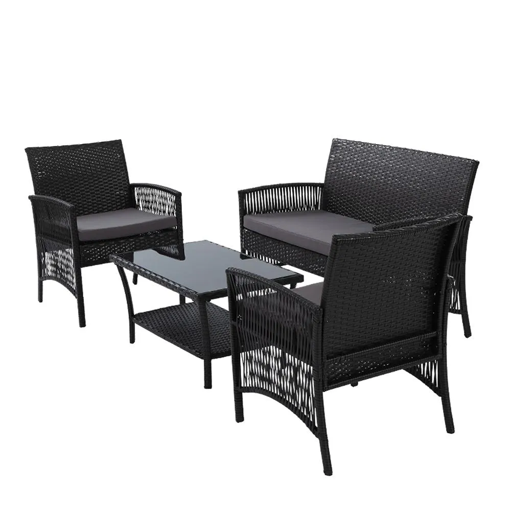 Gardeon Four Piece Outdoor Furniture Lounge Setting Wicker Dining Set Black