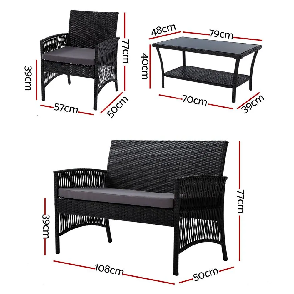 Gardeon Four Piece Outdoor Furniture Lounge Setting Wicker Dining Set Black