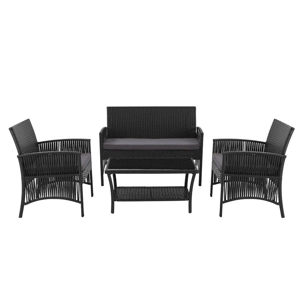 Gardeon Four Piece Outdoor Furniture Lounge Setting Wicker Dining Set Black