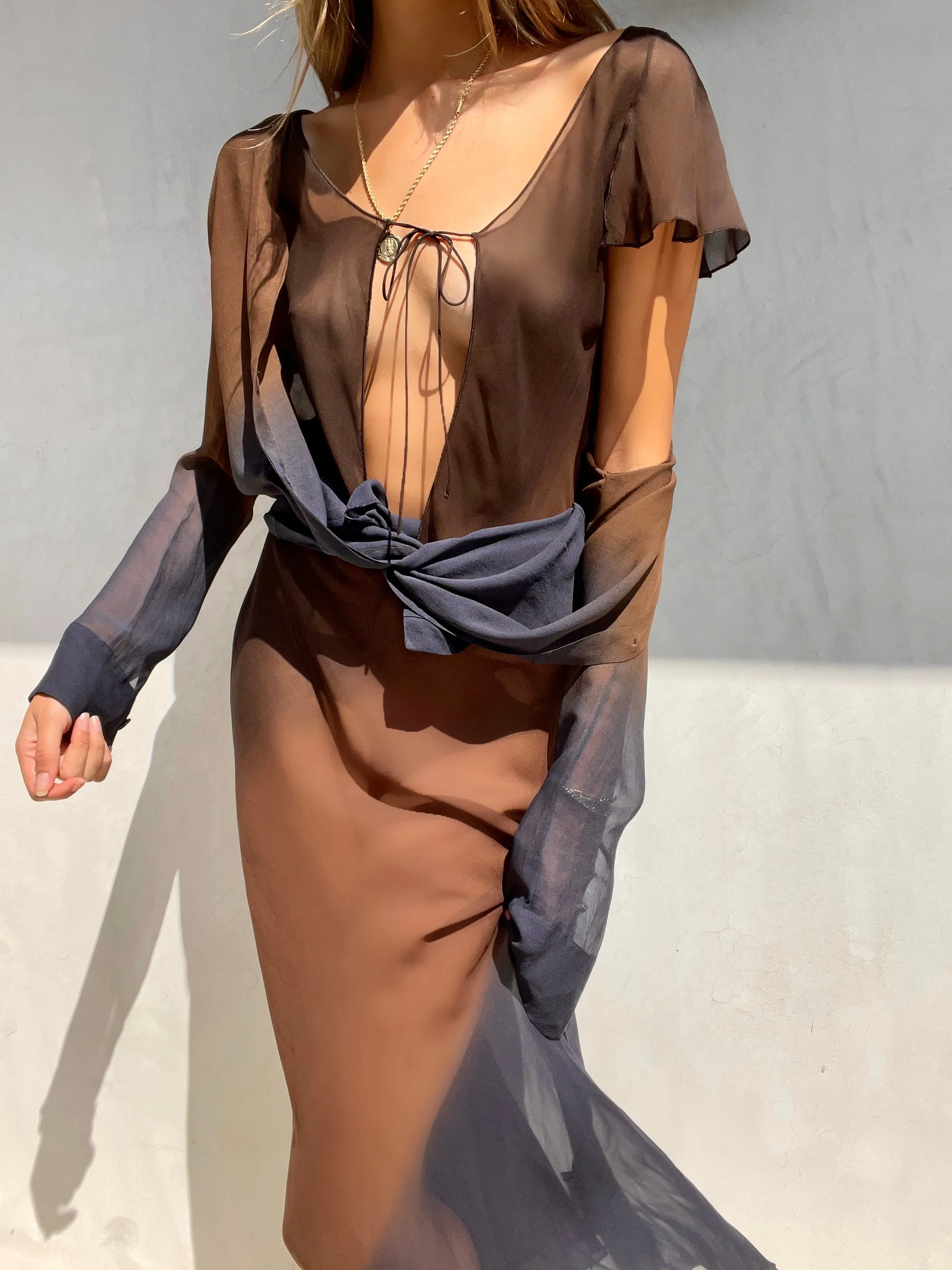 Gucci by Tom Ford 1997 Vintage Sheer Brown & Blue Ombre Silk Top
