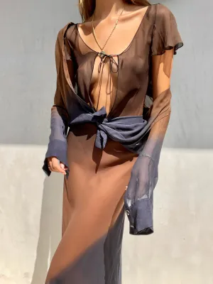 Gucci by Tom Ford 1997 Vintage Sheer Brown & Blue Ombre Silk Top