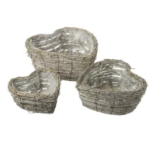Heart-Shaped Wicker Baskets/Planters with Plastic Lining Set of 3