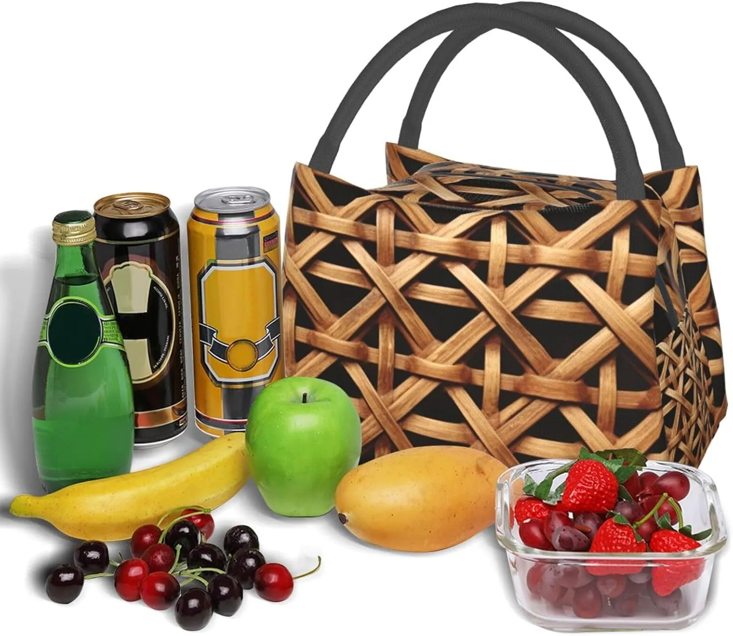 Insulated Lunch Box Wicker Woven Grid Lunch Bag for Women Men Cooler Bag Lunch Tote Bag for Picnic Work