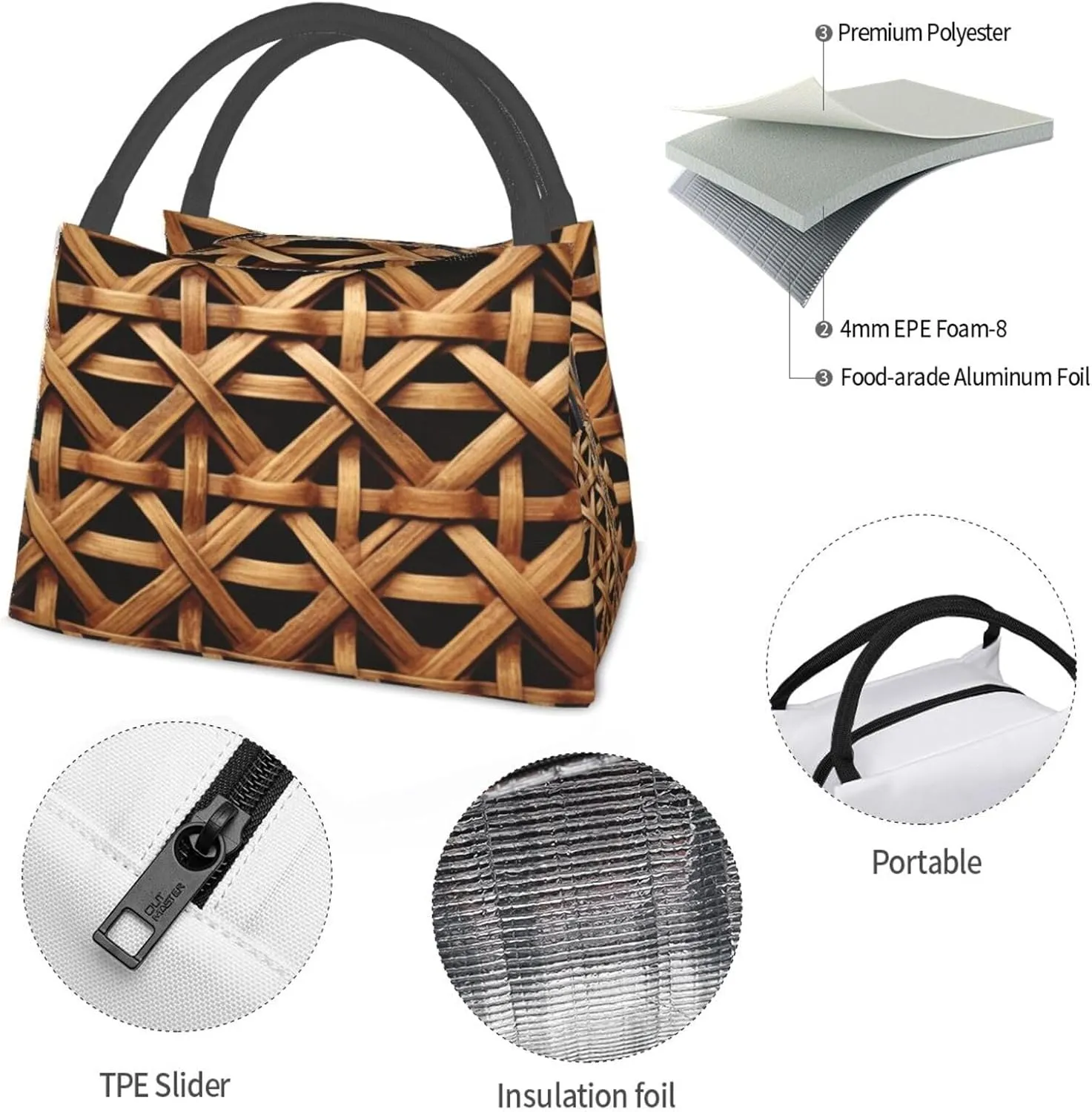 Insulated Lunch Box Wicker Woven Grid Lunch Bag for Women Men Cooler Bag Lunch Tote Bag for Picnic Work