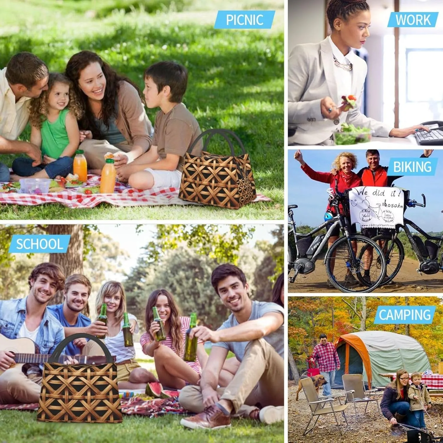 Insulated Lunch Box Wicker Woven Grid Lunch Bag for Women Men Cooler Bag Lunch Tote Bag for Picnic Work