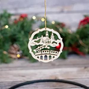 Laser Cut Wreath Ornament with Church and Train