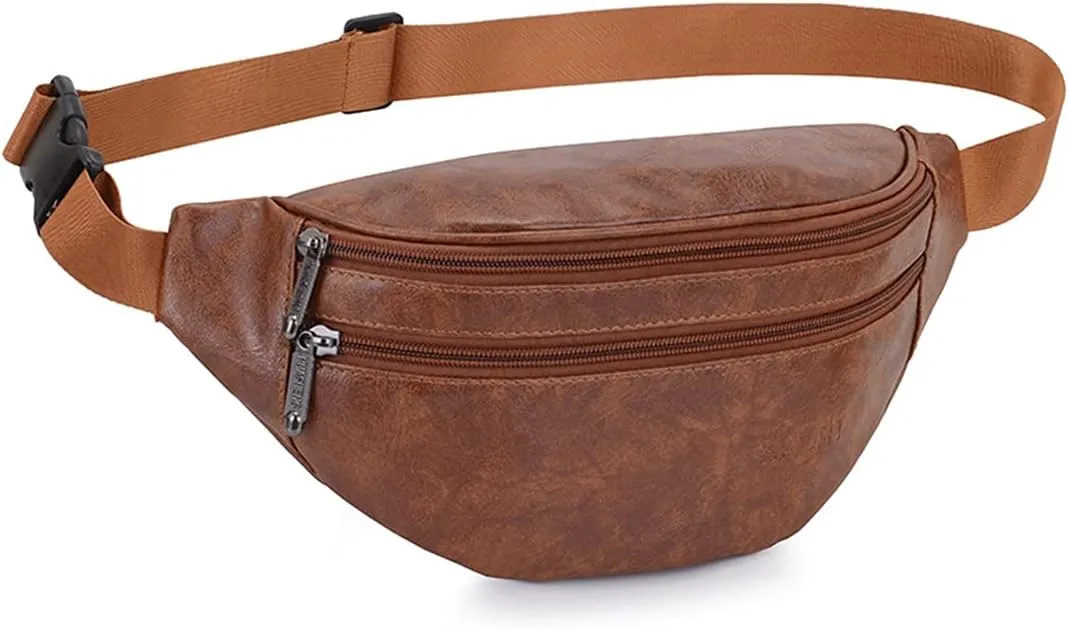 Leather Fanny Packs for Men Women, Brown Belt Bag Fashionable Waist Pack Sling Crossbody Bags Purse for Casual Workout Travel Camping Hiking Walking