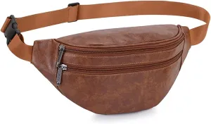 Leather Fanny Packs for Men Women, Brown Belt Bag Fashionable Waist Pack Sling Crossbody Bags Purse for Casual Workout Travel Camping Hiking Walking