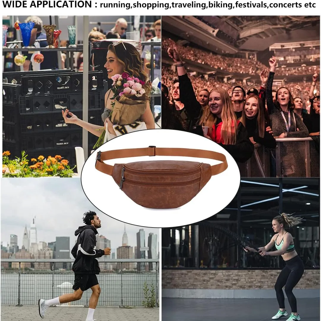 Leather Fanny Packs for Men Women, Brown Belt Bag Fashionable Waist Pack Sling Crossbody Bags Purse for Casual Workout Travel Camping Hiking Walking